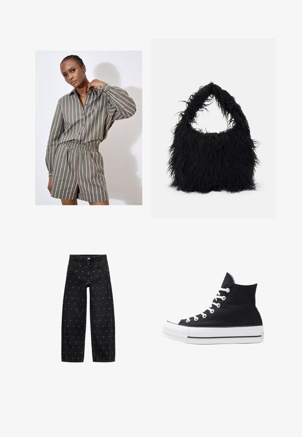 Set di camicia a righe grigie e pantaloni corti abbinati in una vestibilità rilassata. Caratterizzato da chiusura a bottoni, maniche lunghe e una vita elasticizzata. Tessuto strutturato.; Jeans a gamba larga in denim nero con un motivo di piccoli occhielli in argento, dotati di un classico design a cinque tasche e chiusura con bottone.; Sneaker alta nera in tela con occhielli e lacci bianchi e suola in gomma. Presenta un punta testurizzata e accenti a strisce bianche e nere.; Even&Odd Shopping bag - black