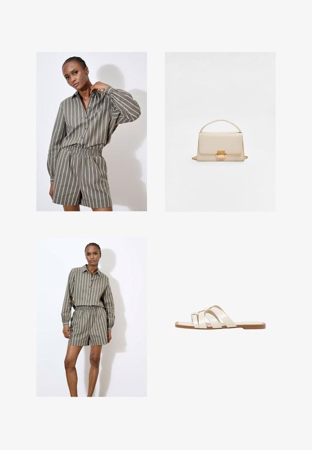 Grau gestreiftes Hemd und passender Shorts-Set in entspannter Passform. Mit Knopfverschluss, langen Ärmeln und elastischem Bund. Strukturiertem Stoff.; Gestreiftes, leichtes, olivgrünes Hemd mit Knopfverschluss und passenden Shorts, die einen elastischen Bund und eine lockere Passform haben.; Flache Sandalen mit einer honigfarbenen Gummisohle, gestaltet mit drei überlappenden weißen Lederriemen und einem kleinen Schleifendetail in der Mitte.; Beige Lederhandtasche mit strukturiertem Design, Oberhandgriff, Kettenriemen und einem Goldverschluss. Glatte Oberfläche und klare Linien.