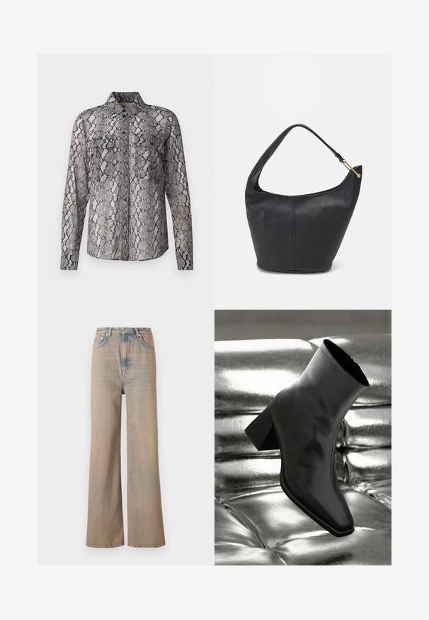 Camicia a maniche lunghe con bottoni in un motivo serpente, caratterizzata da sfumature di grigio e nero su un tessuto traslucido con colletto a punta.; Jeans a gamba larga in denim di colore chiaro con vita alta. Caratterizzati da cuciture sottili e cinque tasche, con una texture leggermente sbiadita.; Stivale alla caviglia nero realizzato in materiale lucido con punta quadrata e tacco affusolato, posizionato su uno sfondo argentato lucido con imbottiture a sfera.; Borsa a tracolla in pelle nera con forma arrotondata, una tracolla ampia e una finitura testurizzata. Presenta un dettaglio di cucitura discreto e un dettaglio in metallo dorato.