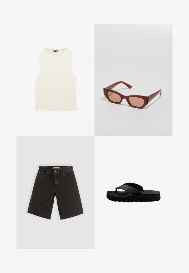 Weißes ärmelloses Oberteil mit einem strukturierten, wellenartigen Muster. Rundhalsausschnitt, lockere Passform und keine sichtbaren Beschläge oder Akzente. Weicher Stoff.; Schwarze Denim-Shorts mit geradem Schnitt, fünf Taschen und Metallbeschlägen, aus strukturiertem Stoff und mit normalem Taillenbund.; Schwarze Flip-Flops mit einem strukturierten Fußbett, geriffelter Sohle und zwei Riemen, die sich über die Oberseite kreuzen, aus leichtem, flexibel material gefertigt.; Rote Acetat-Sonnenbrille mit geometrischer Katzenaugenform, braun getönten Gläsern und subtilen Metallakzenten nahe den Scharnieren.