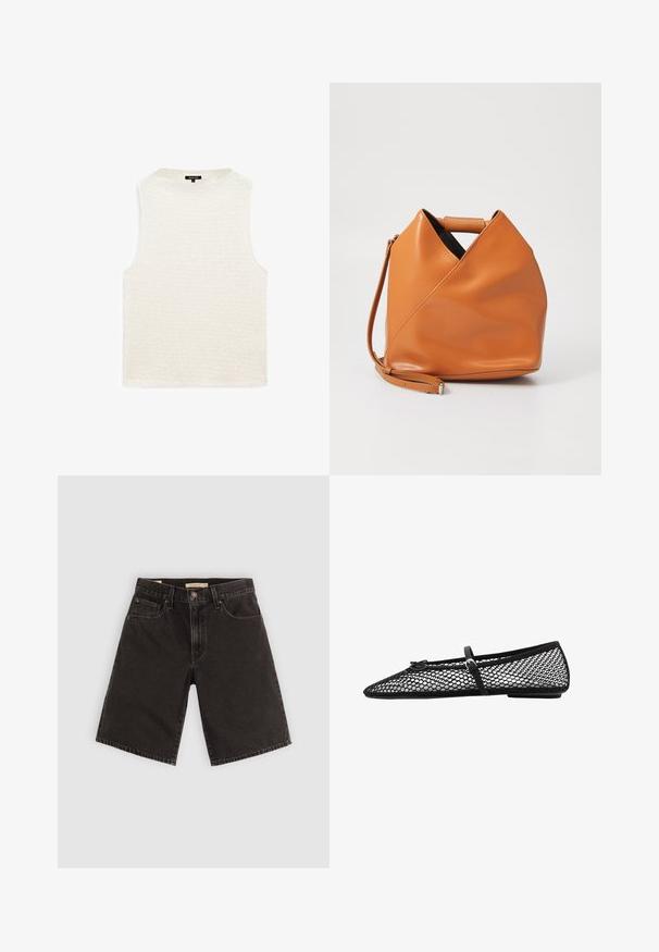 Hvid ærmeløs top med et tekstureret, bølget mønster. Rund halsudskæring, afslappet pasform og ingen synlige hardware eller detaljer. Blødt stof.; Sort denim shorts med lige snit, fem lommer og metaldele, med en tekstureret stof og et standard taljebånd.; Sort mesh ballet flad med spidse tæer, dekorativ strop og subtilt accent. Har et åbent netdesign og flad sål.; Tan læder taske med unikt trekantet foldedesign, top hanke og aftagelig skulderrem på hvid baggrund.