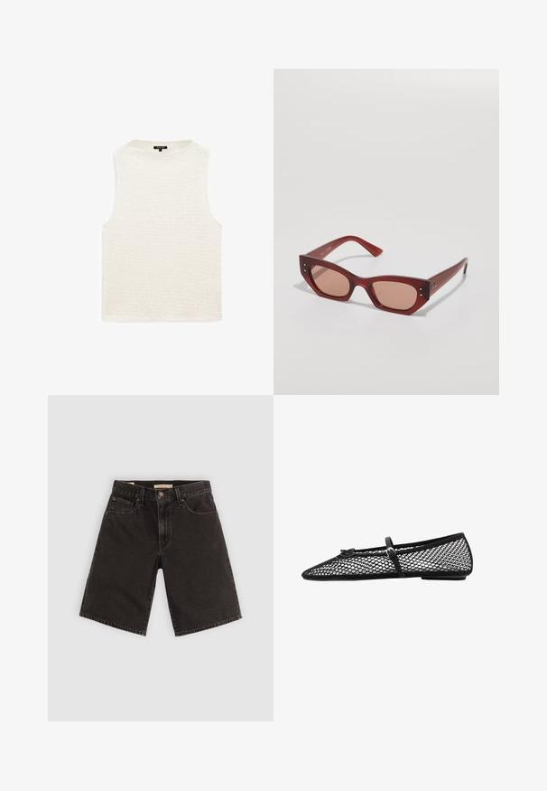 Hvid ærmeløs top med et tekstureret, bølget mønster. Rund halsudskæring, afslappet pasform og ingen synlige hardware eller detaljer. Blødt stof.; Sort denim shorts med lige snit, fem lommer og metaldele, med en tekstureret stof og et standard taljebånd.; Sort mesh ballet flad med spidse tæer, dekorativ strop og subtilt accent. Har et åbent netdesign og flad sål.; Røde acetatsolbriller med en geometrisk katteøjeform, brune tonede linser og subtile metal detaljer nær hængslerne.