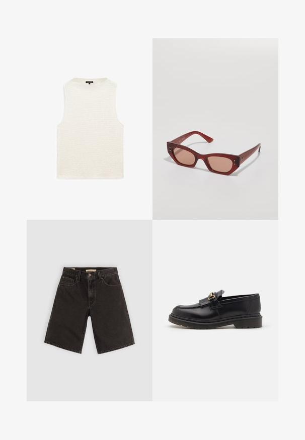 Biała bezrękawnik z teksturowanym, falistym wzorem. Okrągły dekolt, luźny krój, bez widocznych elementów metalowych ani zdobień. Miękka tkanina.; Czarne szorty dżinsowe o prostym kroju, z pięcioma kieszeniami i metalowymi elementami, wykonane z teksturowanej tkaniny i z standardowym pasem.; Czarne skórzane loafersy z okrągłym noskiem, ozdobną frędzlem i złotymi detalami. Gruba gumowa podeszwa zapewniająca lepszą przyczepność i trwałość.; Czerwone okulary przeciwsłoneczne z acetatu o geometrycznym kocim kształcie, brązowymi szkłami przyciemnianymi oraz subtelnych metalowych akcentach w pobliżu zawiasów.; Brązowa torebka z zamszu z dwoma długimi uchwytami, prostokątnym kształtem i subtelną fakturą. Posiada zamek błyskawiczny i kątowe szwy boczne.