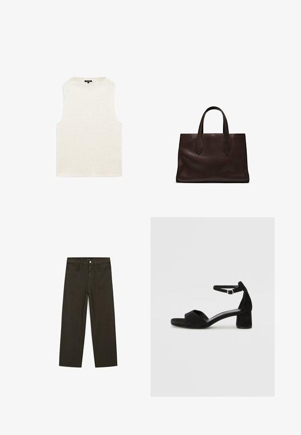 Top bianco senza maniche con un motivo testurizzato e ondulato. Collo rotondo, vestibilità comoda e senza accessori o dettagli visibili. Tessuto morbido.; Jeans a gamba larga di colore verde scuro, realizzati in tessuto misto cotone, dotati di chiusura con bottone frontale, cinque tasche e cuciture classiche in denim.; Sandali con tacco in suede nero, con una sottile fascia alla caviglia, design open toe e un discreto tacco a blocco. Texture liscia e decorazioni minime.; Borsa a spalla in pelle marrone con due manici lunghi, forma rettangolare strutturata, texture liscia e dettagli di cucitura sottili.