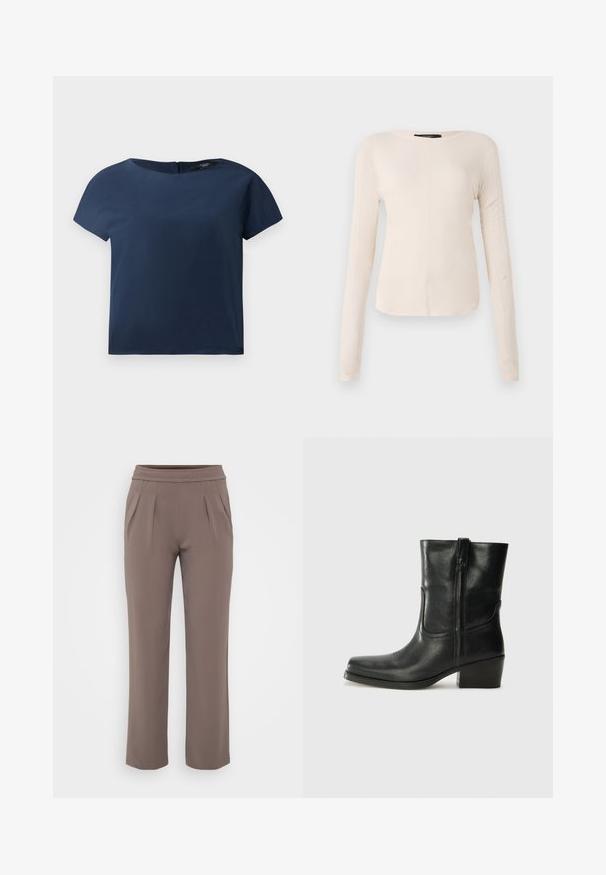 Marineblaues Kurzarmoberteil, runder Ausschnitt, glattes Material, lockere Passform, mit einem dezenten Verschluss auf der Rückseite und minimalen Nahtdetails.; Langärmliges, hellbeiges Oberteil mit rundem Ausschnitt. Aus weichem Stoff gefertigt, verfügt es über eine zentrale Naht und einen leicht geschwungenen Saum. Keine sichtbaren Beschläge.; Taupe-lockere Hose mit elastischem Bund und vorderen Falten, gefertigt aus glattem Stoff.; Schwarze Leder-Ankle Boots mit runder Zehenform, Blockabsatz, seitlichem Reißverschluss und gestickten Akzenten auf dem Blatt. Glatte Textur, klassisches Design.