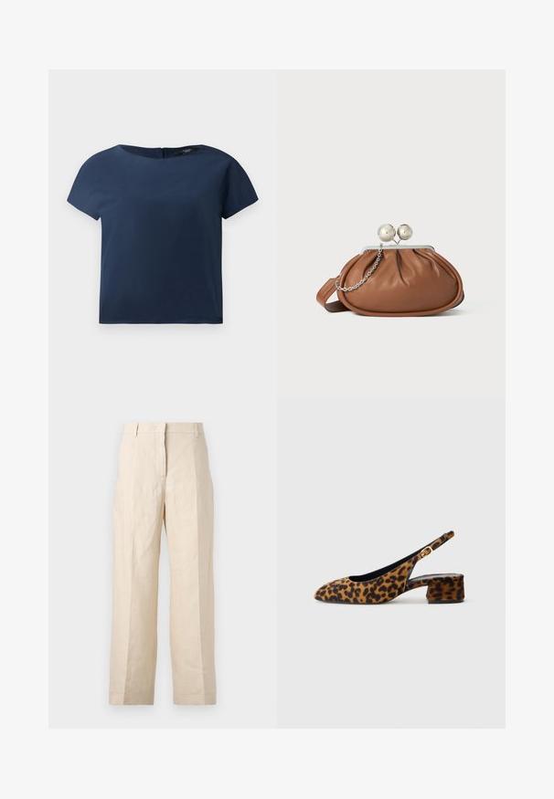 Tummblue lühikeste varrukatega pluus, ümmargune kaelus, sile kangas, lõdva lõikega, millel on tagasihoidlik tagakinnitus ja minimaalsed õmblustead.; Bež linasest püksid, millel on lõtv istuvus, volditud eesmine osa ja sirged jalad. Omab vööd, millel on vöökohaga silmused, ja nähtavaid taskuid ei ole.; Naiste leopardimustriga slingback-kingad madala blokkninahaga ja kuldse klambriga külgjah. Kujutatud külgprofiilis lihtsal taustal.; Pruun nahast klambriga rahakott, millel on hõbedane palli klamber ja väike hõbedane kett detail, valgel taustal.