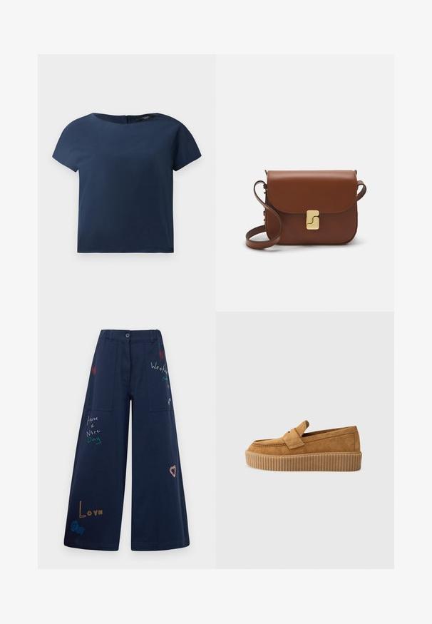 Námořnický modrý top s krátkým rukávem, kulatým výstřihem, hladkou tkaninou a volným střihem, se subtilním zapínáním na zadní straně a minimálními švy.; Námořnické modré široké kalhoty z bavlny s několika kapsami. Obsahují barevné vyšívané texty a grafiku včetně srdíček a hravých frází.; Hnědé semišové mokasíny s kulatou špičkou, se žebrovanou platformou a dekoračním páskem přes vrch.; Hnědá kožená kabelka s klopou, zlatými kovovými detaily, ramenním popruhem a hladkým povrchem. Kompaktní obdélníkový tvar.