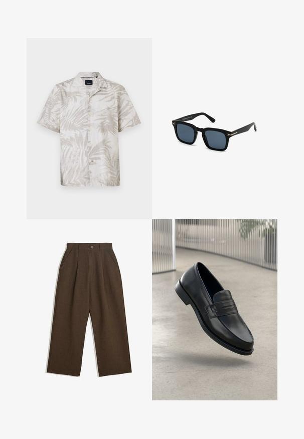 Camicia a maniche corte in lino beige chiaro con motivo a palme, caratterizzata da un colletto a punta e chiusura con bottoni. Design a foglia sottile su tutta la stoffa.; Top in cotone bianco, design senza maniche, collo rotondo, texture liscia, realizzato in un tessuto morbido e leggero. Due pezzi esposti.; Pantaloni a pieghe marroni con taglio a gamba larga, dotati di chiusura con bottone e tasche laterali, realizzati in tessuto testurizzato adatto per un abbigliamento casual.; Mocassino in pelle nera con texture liscia, punta appuntita e una fascia decorativa sul collo del piede. Suola leggera, design minimale.; Occhiali da sole neri a forma quadrata con lenti scure, finitura opaca e dettagli in metallo dorato sulle tempie, caratterizzati da un design minimalista.