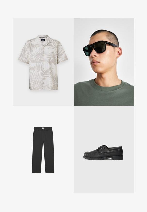 Šviesiai smėlinio lino marškiniai trumpomis rankovėmis su palmių raštu, turintys išpjovą apykaklę ir mygtukus priekyje. Subtilus lapų dizainas audinyje.; Juodi kelniai, pagaminti iš lengvo audinio. Ypatybės: tiesių kojų dizainas su plokščiu priekiu, šoniniais kišeniais ir diskretus juosmuo.; Juodas odinis valtiniu bateliai su storu guminiais padais, batraiščiu priekyje ir dekoratyviniais šoniniais aklai ant paprasto šviesiai pilko fono.; Juodos stačiakampės saulės akinių su tamsiais objektyvais, turinčių išskirtinę formą ir prekės ženklą ant šventyklos. Dėvi asmuo, apsirengęs žalia marškinėliais.