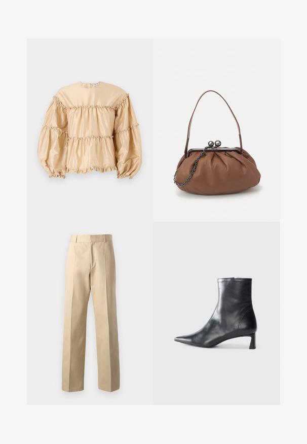 Beige satin blouse with puff sleeves, tiered design, and gathered detailing along the seams. Round neckline with a back closure.; Beige tailored pants with a straight leg design, featuring a smooth texture, central front pleats, and a classic waistband.; Black leather ankle boot with a pointed toe and a sleek design. Features a low heel and a zipper closure at the back. Smooth texture.; Brown leather handbag with a gathered design, a short leather handle, and a chain strap. Features a silver metal clasp with two round accents.