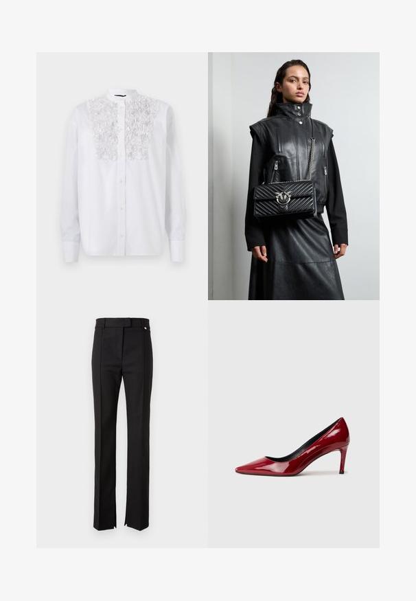 Bílá košile s knoflíky, která má texturovaný květinový motiv na hrudi, dlouhé rukávy a mandarinový límeček. Hladká bavlněná tkanina.; Černé kalhoty s rovnými nohavicemi, s pasem na knoflík a bočními rozparky na lemu.; Červená lakovaná vysoká bota na podpatku s špičatou špičkou a úzkým podpatkem. Hladký povrch s lesklým finišem a černým vnitřním podšíváním.; Černá kožená vesta s vysokým límcem, zapínacími kapsami a černou prošívanou kabelkou s akcentem ze stříbrného hardwaru, nošena s dlouhou černou sukní.