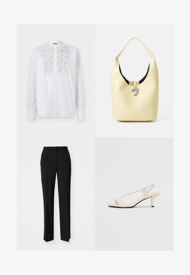White button-up shirt featuring a textured floral detail on the chest, long sleeves, and a mandarin collar. Smooth cotton fabric.; Black tailored trousers with a straight-leg design, featuring a smooth texture and crisp creases along the front. No visible hardware.; Beige block-heeled sandals with thin straps and a square toe. Smooth material with minimal detailing, designed for easy wear.; Hobo bag in soft yellow leather with a rounded shape. Features a smooth finish, dark inner lining, and a silver-toned accent at the closure.