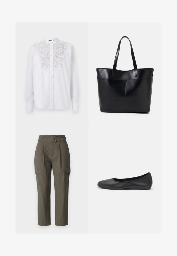 Baltas mygtukų marškiniai su tekstūruotu gėlių akcentu krūtinėje, ilgomis rankovėmis ir mandarinų apykakle. Sklandus medvilnės audinys.; Olivos žali cargo kelnės, pagamintos iš lengvos medžiagos. Savybės: diržo juostos, priekiniai raukšlės ir šoninės kišenės su makštimi. ; Juodai odiniai baletai su apvaliu pirštu, lygi texture, minimalus siuvimo detales ir lanksčiu padų dizainu.; Juoda odinė rankinė su dviem ilgais diržais, lygiu paviršiumi ir struktūrizuota forma. Yra priekinė kišenė papildomam saugojimui.