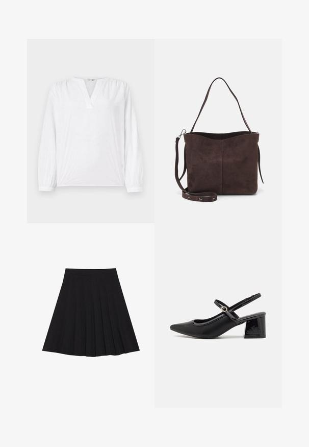 Hvit bluse med lange ermer, V-hals og brodert blomstermønster. Myk stoff med en litt strukturert overflate. Elastiske mansjetter.; Svart plisserte skjørt laget av teksturert stoff med en tettsittende linning. Går til knelengde, med en glatt, ren silhuett.; Sorte lakk lær slingback hæler med spiss tå, et avrundet utskjæringsdesign og blokkheel. Har en gulltone spenne som detalj.; Brun semsket stoff tote-veske med en myk tekstur, som har en enkelt skulderrem og en subtil buet toppåpning. Ingen synlige maskindetaljer.