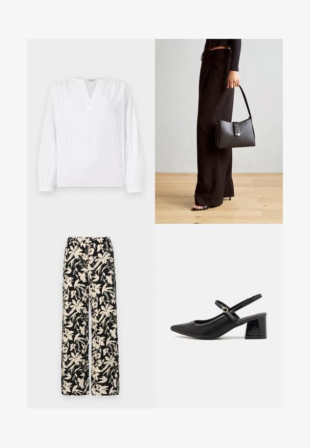 White blouse with long sleeves, V-neckline, and embroidered floral pattern. Soft fabric with a slightly textured finish. Elasticated cuffs.; Black wide-leg pants with a cream floral pattern. Made of lightweight fabric, featuring a smooth texture and a high waistband.; Black patent leather slingback heels with a pointed toe, a rounded cutout design, and a block heel. Features a gold-tone buckle accent.; Black handbag with structured shape, smooth texture, and a metallic clasp. Paired with wide black pants and open-toe sandals on wooden floor.