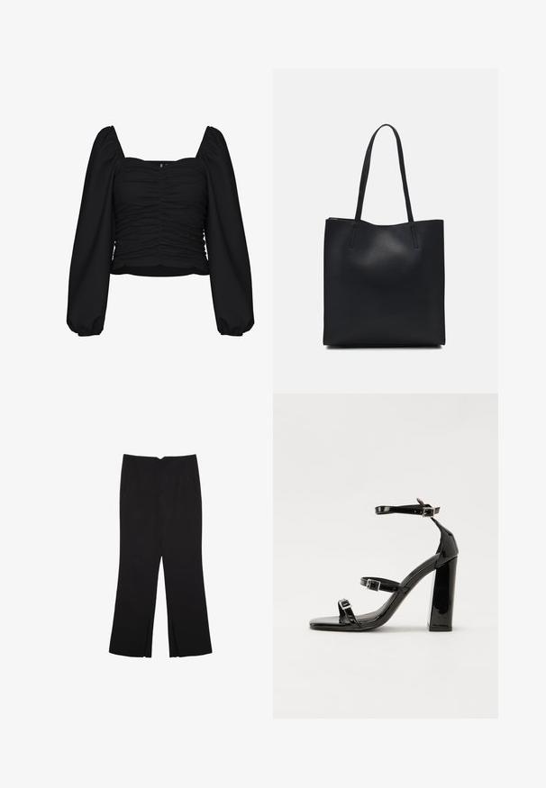 Musta lyhythihainen paita, joka on valmistettu strukturoituneesta kankaasta. Siinä on neliön muotoinen kaula-aukko, rypytetty vartalo ja pitkät puffihihat, joissa on elastiset hihansuut.; Mustat housut suoralinjaisella leikkauksella, joissa on etutaskut ja sivurei'ät helman alla. Valmistettu pehmeästä ja sileästä kankaasta. Sopii eri tilaisuuksiin.; Musta kiiltäväpintainen korkokengät, joissa on kaksi solkikiinnitystä, neliönmuotoinen kärki ja paksu korko, sileällä, kiiltävällä pintarakenteella.; Mustapahkainen kangaskassi, jossa on sileä pinta, suorakaiteen muotoinen ja kaksi pitkää kahvaa. Ei näkyvää metalliosaa tai koristeita.