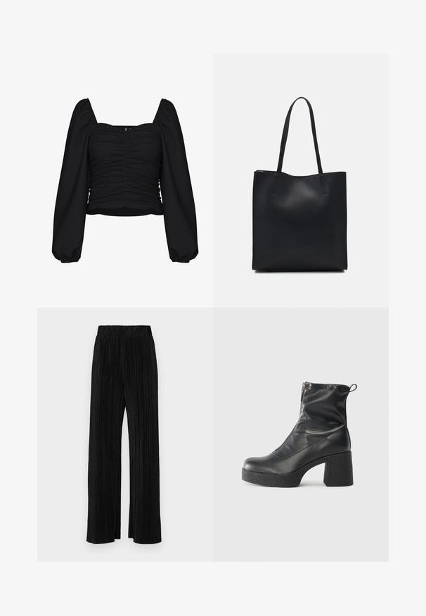 Črna skrajšana bluzica iz teksturirane tkanine, z kvadratnim izrezom, nagubanimi deli in dolgimi napihnjenimi rokavi z elastičnimi manšetami.; Črne plisirane hlače z elastičnim pasom. Imajo široke noge in gladko, teksturirano tkanino z navpičnimi črtami.; Črne gležnjarje iz gladke kože z božnim zadrgo, masivnim teksturiranim peto in zaobljeno obliko prstov.; Črna usnjena torba s svilnato teksturo, pravokotne oblike in dvema dolgima ročajema. Brez vidnih metalnih delov ali okrasnih elementov.