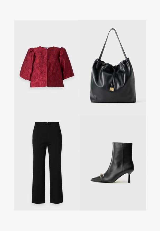 Veste texturée bordeaux avec un col rond, des manches bouffantes volumineuses et une fermeture avant dissimulée. Présente un motif floral en relief.; Pantalons noirs taille haute en tissu lisse, dotés d'une ceinture avec une boucle en or et d'un design à jambes évasées.; Bottine en cuir noir avec un bout pointu, un talon moyen fin et un détail de boucle en argent sur le côté, se détachant sur un fond uni.; Sac en cuir noir avec cordon de serrage, texture lisse, partie supérieure froncée et matériel doré discret. Dispose d'une seule sangle robuste et d'un logo embossé.