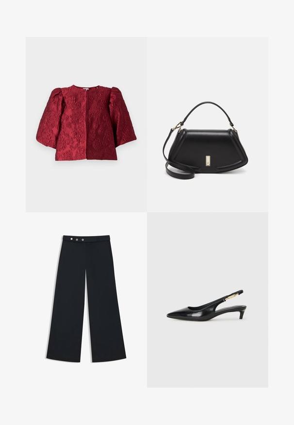 Bordeaux geklede textuurjasje met een ronde halslijn, volumineuze pofmouwen en een verborgen sluiting aan de voorkant. Heeft een gegraveerd bloemenpatroon.; Zwarte wijde broek met een gladde textuur, voorzien van een platte tailleband, een dubbele knopen sluiting en zijzakken.; Zwarte leren slingback hakken met een spitse neus, voorzien van een slanke hak en een goudkleurige accent op de verstelbare band. Gladde textuur.; Zwarte leren handtas met een gestructureerd ontwerp, featuring een verkorte vorm, bovenhandvat en gouden hardwareaccent. Inclusief verstelbare schouderband.