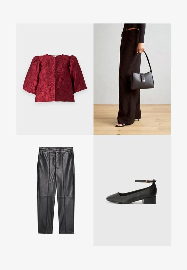 Burgunderfarget teksturert jakke med rund hals, voluminøse puffede ermer og skjult frontlukking. Har et preget blomsterdesign.; Sorte lærbukser med en glat tekstur, der har en lige pasform, to forlommer og synlige sømdetaljer.; Sorte skinnpumper med spiss tå og lav blokkhelt. Har ankelrem med gullfarget spenne. Glatt tekstur.; Svart håndveske med strukturert form, jevn tekstur og metallisk lås. Kombinert med brede svarte bukser og sandaler med åpen tå på tregulv.