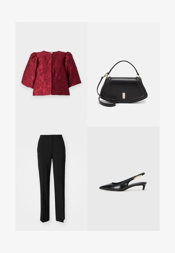 Bordó textúrájú dzseki kerek nyakkivágással, voluminózus puff ujjakkal és rejtett elülső záródással. Állítható virágmintás dombornyomott részletekkel rendelkezik.; Fekete, testhezálló nadrág egyenes szárú kivitelben, sima textúrával és éles redőkkel az elején. Nincs látható fémalkatrész.; Fekete bőr slingback magassarkúk, hegyes orral, vékony sarkakkal és arany színű részlettel a állítható pánton. Simа felület.; Fekete bőr kézitáska, strukturált dizájnnal, rövidített formával, felső fogantyúval és arany színű kiegészítőkkel. Állítható vállpánt is tartozik hozzá.