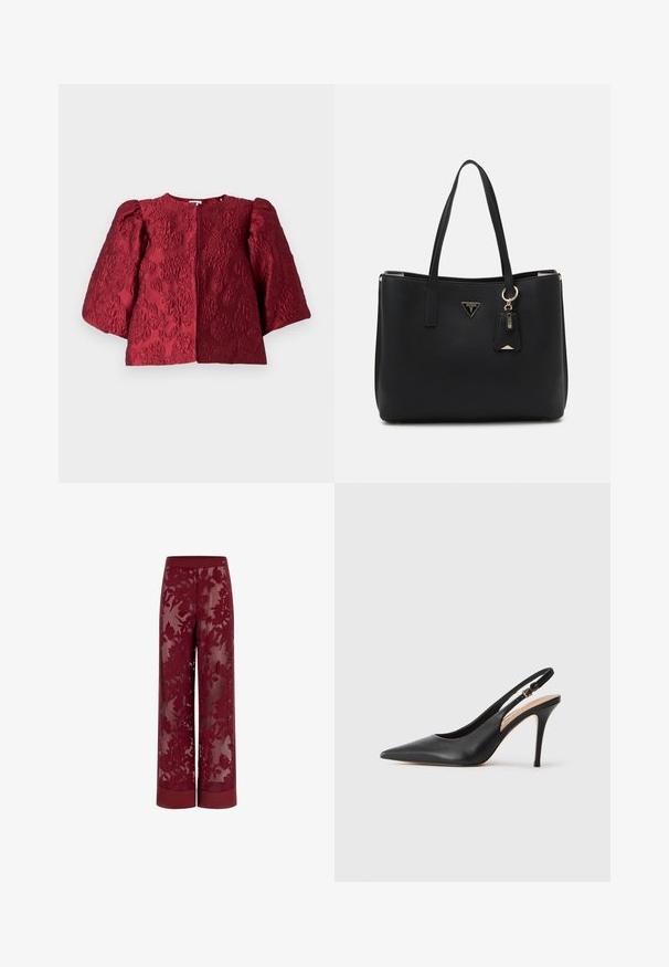 Burgundska teksturirana jakna s okruglim izrezom, voluminoznim puf rukavima i skrivenim prednjim kopčanjem. Ima reljefni cvjetni uzorak.; Burgundske široke hlače z prosojnim cvetličnim čipkastim overlay-em. Imajo trden pas in robne detajle, ki prikazujejo zapletene cvetlične vzorce.; Črne usnjene sandale s peto s konicami, gladko teksturo in nežnim trakom z kovinsko zaponko.; Črna torba iz teksturiranega sintetičnega materiala, opremljena z dvema ročajoma, z zlatim logotipom in majhno oznako z detajlom v kontrastni barvi.