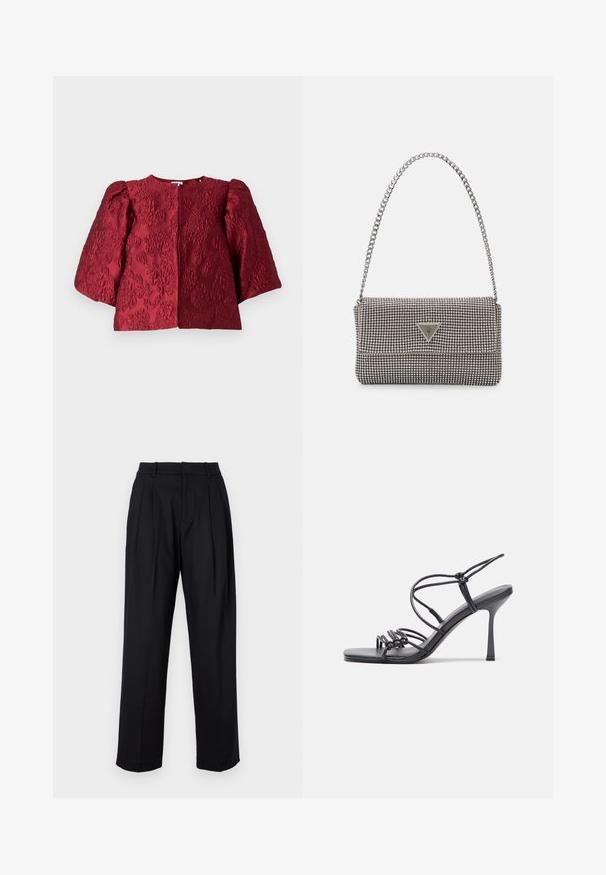 Bordó textúrájú dzseki kerek nyakkivágással, voluminózus puff ujjakkal és rejtett elülső záródással. Állítható virágmintás dombornyomott részletekkel rendelkezik.; Fekete nadrág, testre szabott kialakítással, magas derékkal, redőkkel és egyenes lábakkal. Simító anyagból készült, egyszínű.; Fekete magas sarkú szandálok vékony pántokkal, csomózott mintával, sima négyzetes orral és karcsú stiletto sarkal rendelkeznek.; Világosszürke fémes kézitáska lánc pánttal, kis kör alakú fém kifinomult díszítéssel és háromszög alakú márkagéppel.; Ezüst karika fülbevalók sima, fényes felülettel. Lekerekített forma, könnyű kialakítással, tűs zárómechanizmussal.