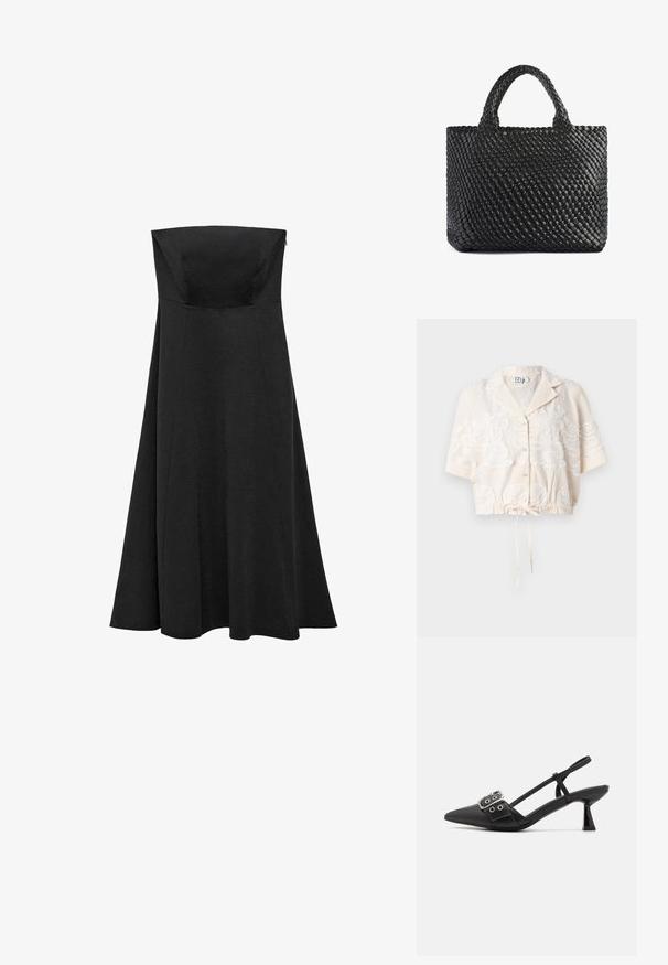 Kratka košulja s dugim rukavima u svijetloj bež boji s cvjetnim vezom, kratkim rukavima, pojasom s vezicom i klasičnim dizajnom kragne.; Crna haljina bez naramenica s prilagođenim korzetom i raširenom, dugom suknjom. Napravljena od glatkog materijala bez vidljivih uzoraka ili naglasaka.; Simmi London DALA - Klasične cipele s visokom petom - black; Crna torba od tkanine s dva držača, koja ima teksturiranu površinu i pravokutni oblik. Jednostavan, jedinstven dizajn bez vidljivih dijelova hardvera.