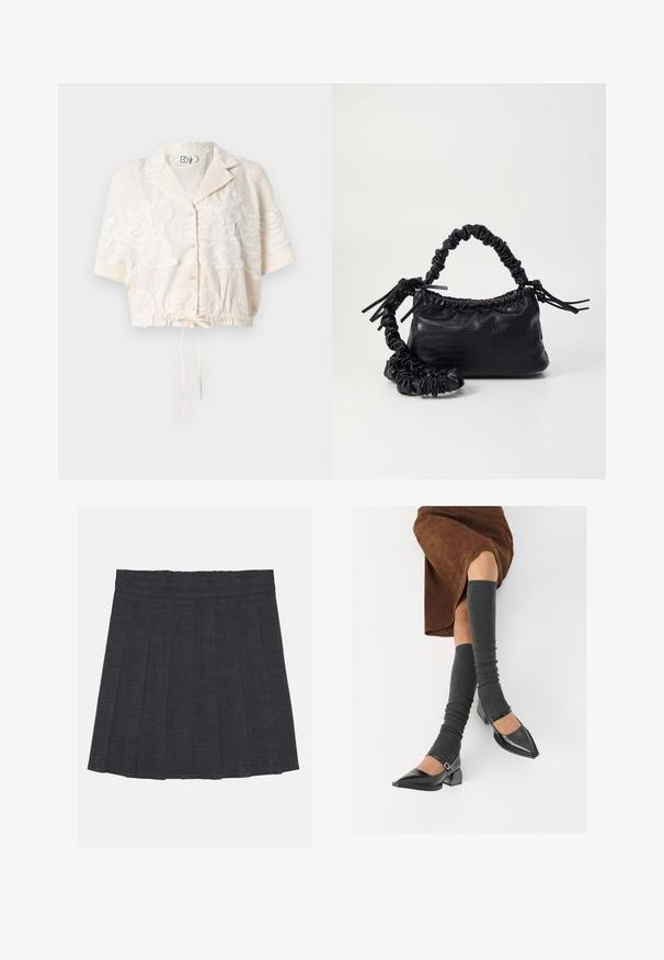 Klippe skjorte i lys beige med blomsterbroderi, korte ærmer, en snøre i kanten og et klassisk kravedesign.; Mørkegrå plisseret nederdel med elastisk talje, der har et struktureret stof og en klassisk A-formet silhuet. Velegnet til hverdag.; Sorte patenterede lædersko med spids tå, blokhæl og ankelrem, kombineret med grå ribbede benvarmere og en brun ruskinds nederdel.; Sort kunstlæder håndtaske med krokodilteksur, indsnøret top og en sammenkrøben rem. Ser blød og kompakt ud i designet.