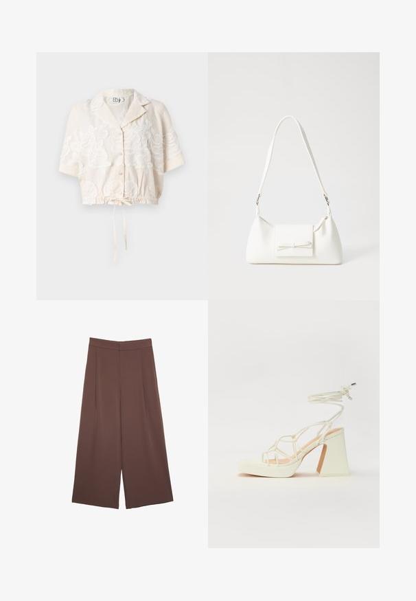 Zkrácená košile s knoflíky v světle béžové barvě s květinovou výšivkou, krátkými rukávy, stahovacími lemy a klasickým límečkem.; Hnědé široké kalhoty s hladkou texturou, vysokým pasem a předními záhyby. Materiál je lehký a volně splývá.; Bílé sandály na vysokém podpatku s robustním podpatkem, s designem s pásky a zavazováním kolem kotníku. Hladký povrch s platformou vpředu pro zvýšení výšky.; Bílá syntetická kabelka v trojúhelníkovém tvaru, s plochým předním klopným víkem a detailem mašle, nastavitelným popruhem, hladkým povrchem a minimalistickým designem.