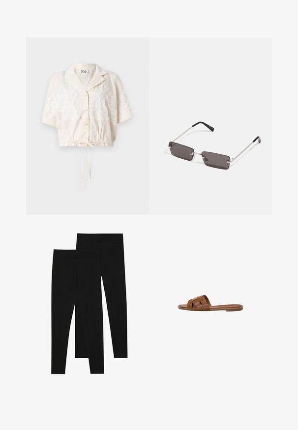 Gekürztes Hemd in hellem Beige mit floraler Stickerei, kurzen Ärmeln, einem Kordelzugsaum und einem klassischen Kragendesign.; Schwarze Leggings aus dehnbarem Stoff, mit einem nahtlosen Bund und einer schmalen Passform, geeignet für Freizeit oder Sport.; Braune Leder-Sandale mit gekreuzten Riemen, flacher Sohle und glatter Textur. Schlichtes Design ohne Verzierungen oder Muster.; Sonnenbrille mit rechteckigen, dunkelgrauen Gläsern, silbernen Metallrahmen und schwarzen Kunststoffenden an den Bügeln. Leichtes Design mit Nasenpads.; Michael Kors Clutch in beige beschichtetem Canvas mit einem wiederholten MK-Logo-Muster, goldfarbener hardware und einem abnehmbaren Kettenriemen.