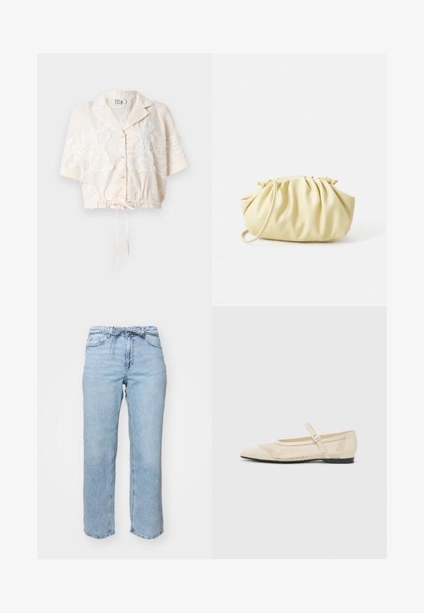 Camicetta a bottoni tagliata in beige chiaro con ricami floreali, maniche corte, orlo con cordoncino e design del collo classico.; Jeans in denim azzurro chiaro con taglio relaxed straight-leg, cinque tasche e vita con passanti per cintura. Finitura distressed con leggera scoloritura.; Ballerine beige con punta affusolata, sovrapposizione in rete e cinturino laterale con fibbia. Suola piatta con una texture liscia.; Borsa plissettata gialla in morbida pelle ecologica, con una forma morbida, una sola tracolla e un design superiore arricciato.; Orecchini in metallo argento con un design ondulato e scultoreo, caratterizzati da una finitura lucida e forme irregolari, che evidenziano un'estetica contemporanea.