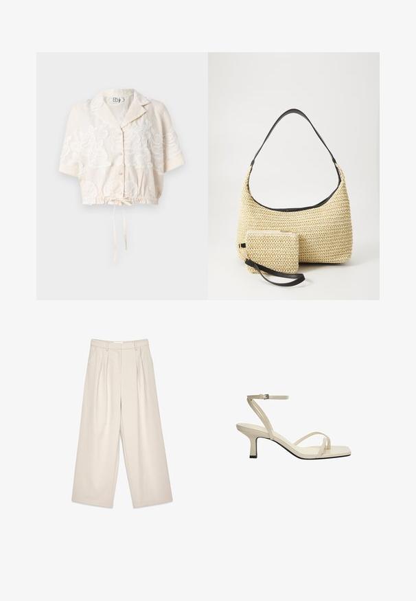 Klippe skjorte i lys beige med blomsterbroderi, korte ærmer, en snøre i kanten og et klassisk kravedesign.; Beige vidde bukser med folder, med en glat tekstur og bæltestropper. Skræddersyet snit, der giver en løs pasform omkring benene.; Beige strop sandal med firkantet tå, tynd ankelstrop og en 5 cm firkantet hæl. Glat lædermateriale med en kontrasterende sort sål.; Vævet stråhåndtaske med en buet silhuet, der har en glat sort læderrem og en matching lille pung, der er fastgjort med en håndledsrem.