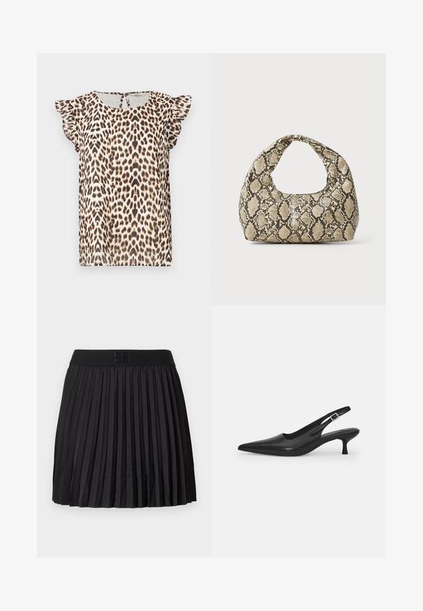 Blusa a fantasia leopardata con maniche corte arricciate, realizzata in tessuto leggero. La palette di colori include tonalità di beige, marrone e nero.; Gonna nera plissettata con una texture liscia, dotata di una vita nera unita e un dettaglio del logo impresso sul davanti.; Scarpa slingback nera in pelle con punta affusolata e tacco sottile e curvato. Presenta una discreta fascia regolabile con una fibbia in metallo.; Borsa a stampa rettile con manico curvo. Realizzata in materiali testurizzati beige e marroni, presenta un distintivo motivo a rombi.