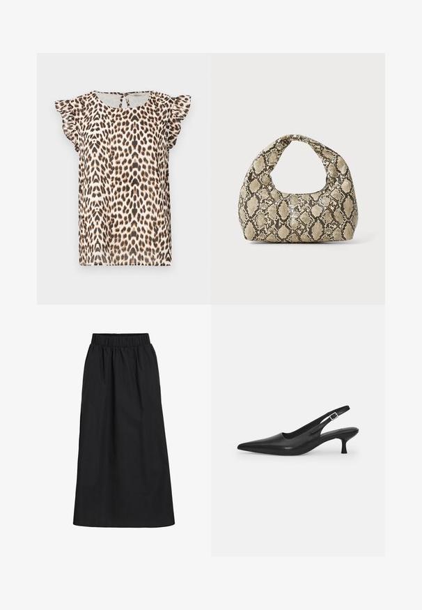 Bluzka w wzór panterki z krótkimi falbaniastymi rękawami, wykonana z lekkiego materiału. Paleta kolorów obejmuje odcienie beżu, brązu i czerni.; Czarna spódnica do kolan wykonana z miękkiego, lekkiego materiału. Posiada elastyczny pas i prosty, zwiewny krój bez zdobień.; Czarne skórzane buty typu slingback z wydłużonym noskiem i smukłym, zakrzywionym obcasem. Posiadają dyskretny regulowany pasek z metalową klamrą.; Torebka w wężowy wzór z zakrzywionym uchwytem. Wykonana z teksturowanych, beżowych i brązowych materiałów, z charakterystycznym wzorem w diamenty.