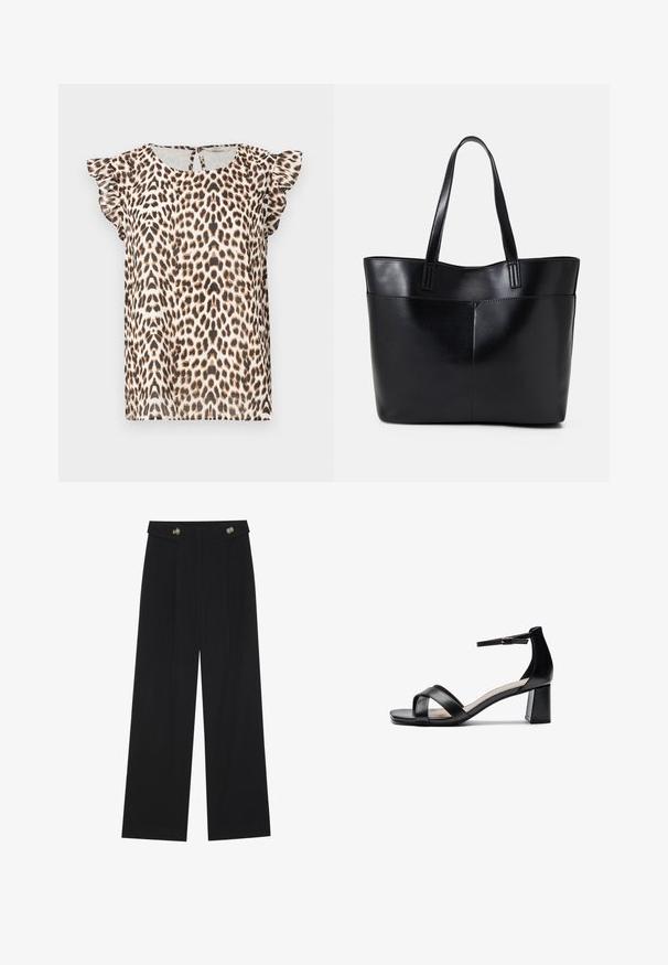 Leparda raksta blūze ar īsām viļņotām piedurknēm, izgatavota no viegla auduma. Krāsu palete ietver bēša, brūna un melna toņus.; Melnas platās bikses ar augstu jostasvietu, pogu detaļām uz jostas un priekšējām krokām.; Melnas atvērtās pirkstgala augstpapēžu čības ar krusteniskām siksnām, regulējamu potītes siksnu un masīlu papēdi, ar gludu ādas virsmu.; Melnas ādas iepirkumu soma ar divām garām rokturām, gludu tekstūru un strukturētu formu. Iekļauj priekšējo kabatu papildu uzglabāšanai.