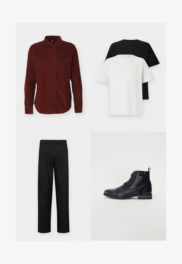 Sarkans korduroja krekls ar garām piedurknēm, pogājamais apkakle, priekšējais kabata un smalka ribota tekstūra. Zīmola etiķete redzama uz kabatas.; Kokvilnas T-kreklu komplekts, kas sastāv no melna un baltā T-krekla, abi ar īsām piedurknēm, apaļu kakla izgriezumu un standarta piegriezumu. Faktūras audums.; Melnas bikses, izgatavotas no gludas auduma, ar taisnu kāju dizainu, divām priekšējām krokām un standarta jostu, kurai ir āķi.; Melna ādas potīšu zābaku ar auklēm priekšā, noapaļots purns, plakana gumijas zole un neliela cilpa aizmugurē. Satur smalku logotipu sānos.