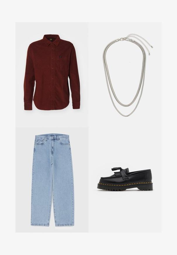 Röd kordflosshjorta med långa ärmar, knäppt krage, framficka och subtil ribbad textur. Märkesetikett synlig på fickan.; Ljusblå denimjeans med rak bendesign, midjehög midja, fem fickor samt knapp- och dragkedjestängning.; Svart läderloafer med en tofsdetalj, med en kraftig svart sula och gul söm längs kanten. Strukturerad yta.; Tre-lager silvermetallhalsband med eleganta, flexibla kedjor med en svag glans, säkrad med ett kräftklämma och justerbar kedja.