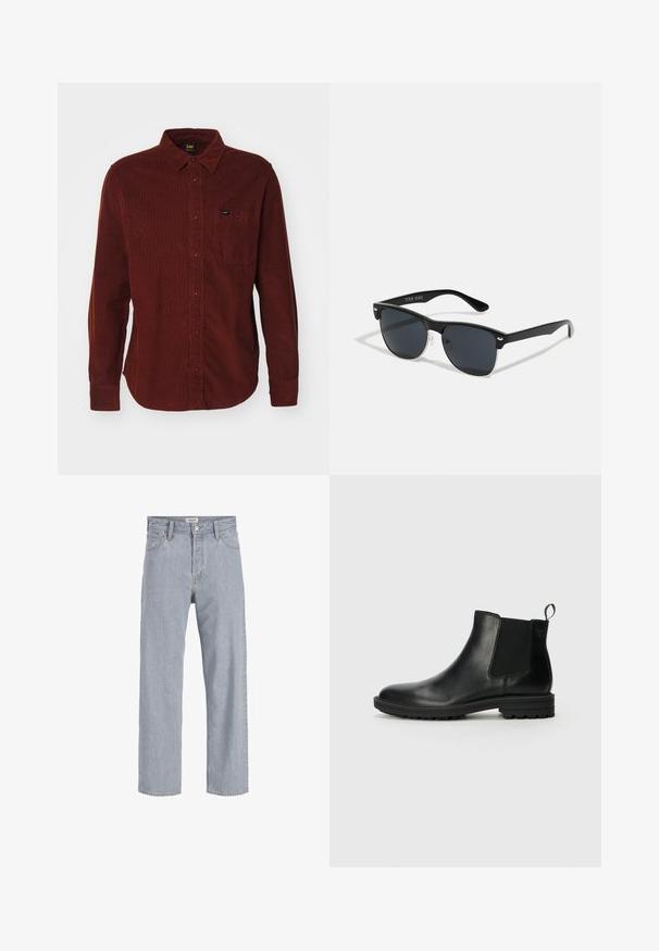 Camicia in corduroy rossa con maniche lunghe, colletto con bottoni, taschino frontale e sottile texture a coste. Etichetta del brand visibile sulla tasca.; Jeans in denim azzurro chiaro con vestibilità rilassata, design a gamba dritta, cuciture visibili, due tasche frontali e chiusura con bottone.; Jack & Jones JFWHOSKINS - Stivaletti - anthracite; Occhiali da sole neri con forma rettangolare, lenti scure, dettagli in argento alle tempie e finitura opaca sulla montatura.