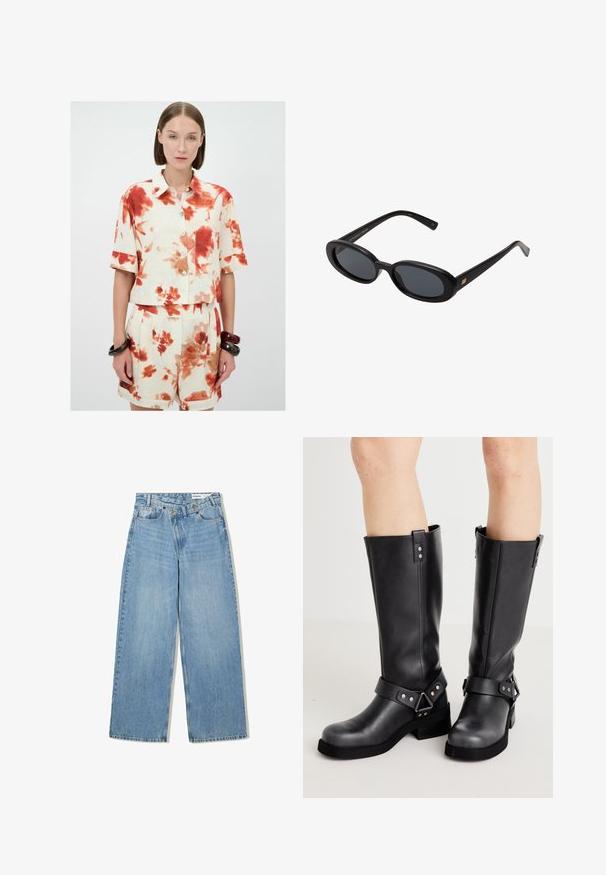 Blomsterkrøllet skjorte og shorts sæt i cremefarvet med røde blomster mønstre. Knappet front, korte ærmer og en enkelt brystlomme.; Lyseblå vide denimjeans med høj talje, fem lommer, knaplukning og diskret falmning for tekstur.; Sorte læder støvler i knæhøjde med bred skaft, remdetaljer, sølv hardware og flad sål. Glat tekstur med en let glans.; Store store; Blød brun hobo-stil håndtaske med en enkelt bred strop og en buet åbning på toppen, vist på en hvid baggrund.