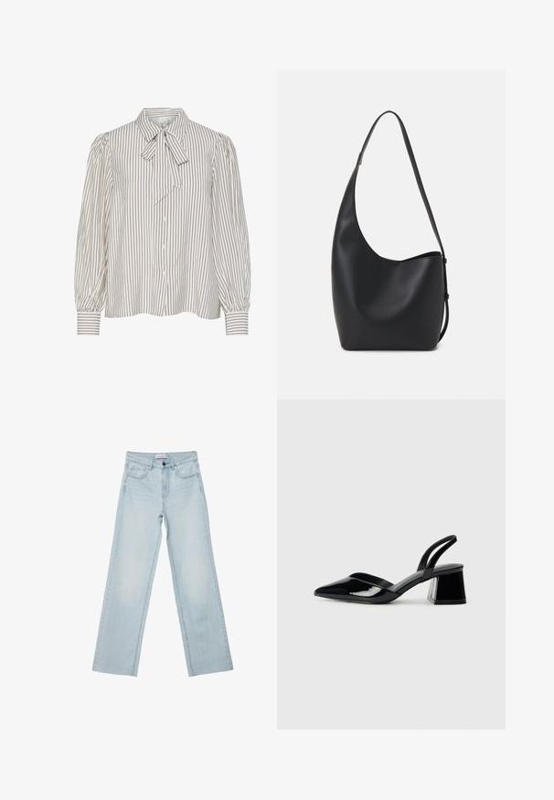 Koszula zapinana na guziki z pionowymi białymi i burgundowymi paskami, kołnierzykiem w stylu kokardy oraz bufkowymi rękawami z gładkiej tkaniny.; Jasnoniebieskie dżinsy o szerokich nogawkach wykonane z denimu. Posiadają pięć kieszeni, zapięcie na guzik i przecierane detale. Klasyczny prosty krój z luźnym dopasowaniem.; Czarne lakierowane półbuty na obcasie z wydłużonym noskiem i geometrycznym słupkiem. Charakteryzują się eleganckim, minimalistycznym designem oraz gładką fakturą.; Czarna skórzana torba hobo o gładkiej fakturze, zaokrąglonym kształcie i pojedynczym, regulowanym pasku; posiada szerokie otwarcie na górze.
