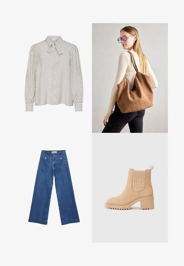 Camicia a bottoni con strisce verticali bianche e borgogna, colletto a fiocco e maniche a sbuffo gatherate con una texture liscia.; Jeans in denim a gamba larga con un lavaggio blu medio, due tasche frontali con chiusura a bottone e dettagli cuciti lungo gli orli.; Stivale beige alla caviglia con un pannello in maglia testurizzata, punta arrotondata e tacco quadrato spesso. Presenta una suola rigata per una migliore aderenza.; Borsa a tracolla in suede marrone con texture morbida, ampia apertura e lunghe cinghie. Caratterizzata da un design semplice con cuciture visibili e senza accessori.