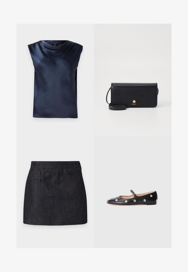 Haut sans manches bleu marine avec un design à col drapé, fabriqué en tissu lisse et légèrement brillant, présentant une coupe décontractée et sans éléments métalliques visibles.; Jupe en denim foncé avec une coupe droite, dotée de deux poches avant et d'une texture subtile. Ourlet net et design de taille standard.; Chaussure plate en cuir noir type Mary Jane avec un bout arrondi, ornée de clous ronds en argent et dotée d'une sangle réglable avec une boucle.; Portefeuille en cuir noir avec une forme rectangulaire mince, arborant un logo doré. Comprend une bandoulière amovible pour plus de commodité.