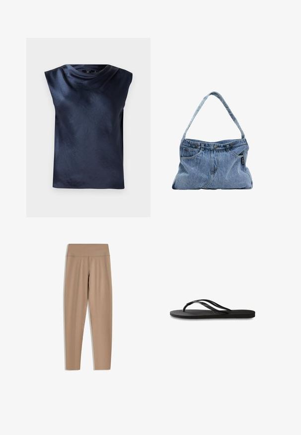 Top senza maniche di colore blu navy con un design a collo drappeggiato, realizzato in tessuto liscio e leggermente lucido, con una vestibilità rilassata e senza hardware visibile.; Leggings beige con vita alta, realizzati in un tessuto liscio e elasticizzato. Presentano una vestibilità affusolata e nessuna parte metallica visibile o motivi.; Infradito neri con suola in gomma testurizzata, due cinghie sottili e un sottile dettaglio del logo impresso sulla cinghia.; Borsa a spalla in denim con tracolla curva, due tasche frontali e cima con bottone, caratterizzata da un tessuto azzurro chiaro e dettagli di cucitura a contrasto.
