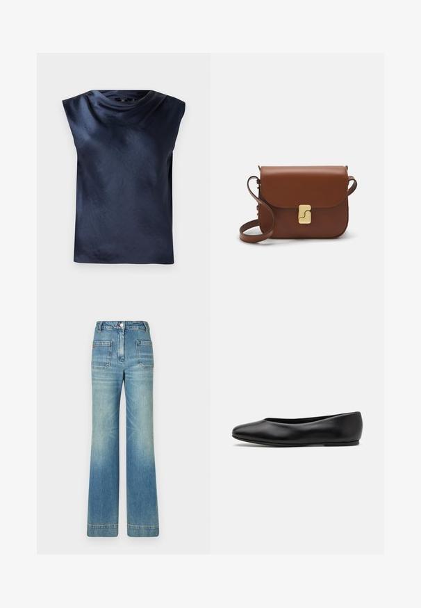 Tamsiai mėlynas be rankovių marškinėlis su kriauklės tipo apykakle, pagamintas iš lygaus, šiek tiek blizgaus audinio, pasižymintis laisvu siluetu ir be matomų detalių.; Šviesiai mėlynos džinsinės platėjančios kelnės su penkiomis kišenėmis, diržo kilpojais, mygtuko uždarymu ir šiek tiek nusidėvėjusia struktūra, su raudonu logotipo akcentu ant nugaros.; Paul Smith TOPANGA - Balerinos stiliaus laivutės - black; Ruda odinė rankinė su uždaromu dangteliu, aukso spalvos detalėmis, petneša ir lygiu paviršiumi. Kompaktiška stačiakampio formos.