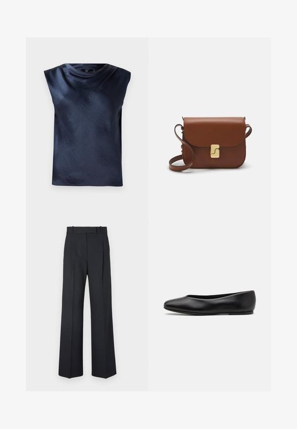 Marineblauwe mouwloze top met een kraagontwerp, gemaakt van een gladde, lichtglanzende stof, met een relaxte pasvorm en geen zichtbare hardware.; Donkerblauwe pinstriped broek met een hoge taille, wijde pijpen en zonder zichtbare hardware of versieringen. Glad textuur en nauwkeurige pasvorm.; Paul Smith TOPANGA - Ballerina's - black; Bruine leren handtas met een klep sluiting, gouden hardware, een schouderband en een gladde textuur. Compact rechthoekige vorm.