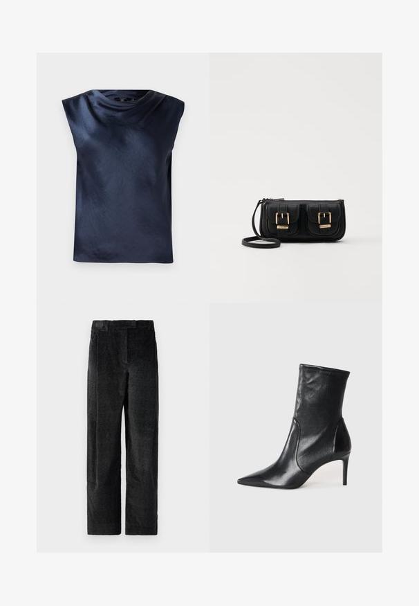 Top sin mangas azul marino con un diseño de cuello de cisne, hecho de una tela suave y ligeramente brillante, que presenta un corte holgado y sin herrajes visibles.; Pantalones de pierna ancha texturizados en negro con un tejido pronunciado, que presentan pliegues frontales y una cinturilla plana. Diseño clásico para versatilidad.; Botas negras hasta el tobillo hechas de cuero suave, con punta afilada, caña ajustada y tacón alto delgado. Diseño minimalista sin herrajes visibles.; Bolso cruzado de cuero negro con dos bolsillos frontales, hebillas doradas, cierre de cremallera y una correa delgada. Superficie texturizada y forma rectangular compacta.