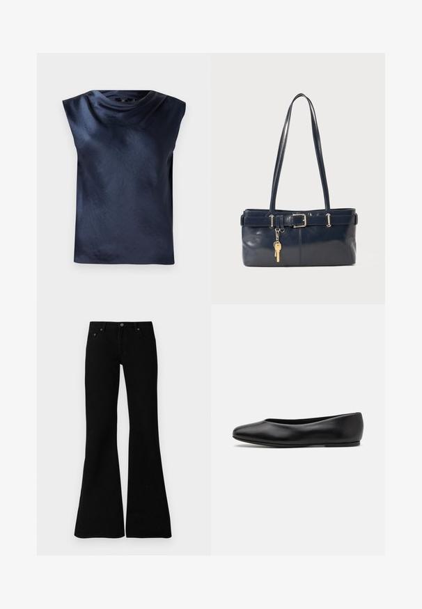 Navy blue sleeveless top with a cowl neck design, made of smooth, slightly shiny fabric, featuring a relaxed fit and no visible hardware.; Black flared jeans made from denim, featuring a classic five-pocket design, button closure, and subtle stitching details along the seams.; Paul Smith TOPANGA - Ballet pumps - black; Navy leather handbag with two long handles, a buckle detail, and a keychain attached. Features a smooth texture and a rectangular shape.