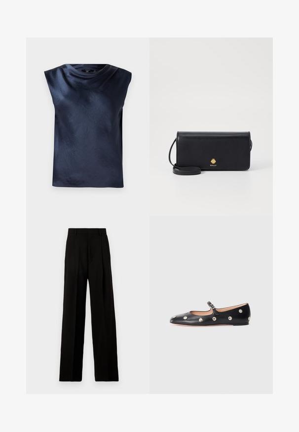 Granatowa, bezrękawnikowa bluzka z dekoltem w kształcie koca, wykonana z gładkiego, lekko błyszczącego materiału, z luźnym krojem i bez widocznych elementów metalowych.; Czarne spodnie typu wide-leg wykonane z gładkiego materiału, z wysokim stanem, plisami z przodu i czystym, dopasowanym krojem bez ozdób.; Czarne skórzane buty typu Mary Jane na płaskim obcasie z zaokrąglonym czubkiem, ozdobione srebrnymi okrągłymi ćwiekami oraz regulowanym paskiem z klamrą.; Czarny skórzany portfel o smukłym prostokątnym kształcie, z złotym logo. Zawiera odpinany pasek dla wygody noszenia.