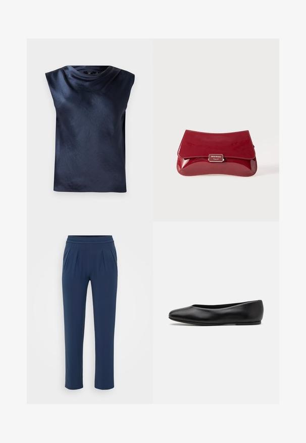 Marineblaues ärmelloses Oberteil mit einem cowl-neck Design, aus glattem, leicht glänzendem Stoff, mit einem lockeren Schnitt und ohne sichtbare Beschläge.; Marineblaues Hochbundhosen mit elastischem Bund, geraden weiten Beinen und seitlichen Taschen, vor einem schlichten Hintergrund präsentiert.; Paul Smith TOPANGA - Klassischer Ballerina - black; Rote Clutch aus Lackleder mit geschwungenem Design, umklappbarem Deckel und einem Metallschriftzug auf einer silberfarbenen Plakette. Glatte, glänzende Oberfläche.